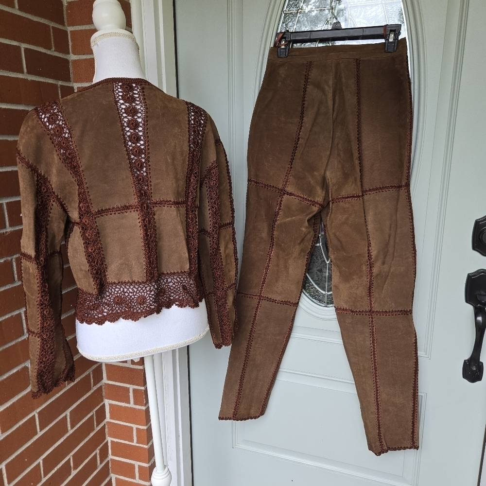 Vintage SMH Crochet Leather 2 Piece Jacket & Trouser Set - Picture 7 of 14